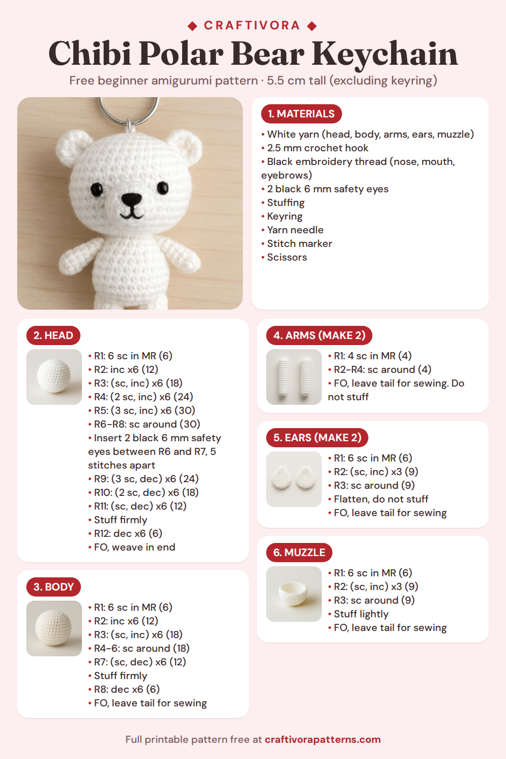 Chibi Polar Bear Keychain crochet pattern overview