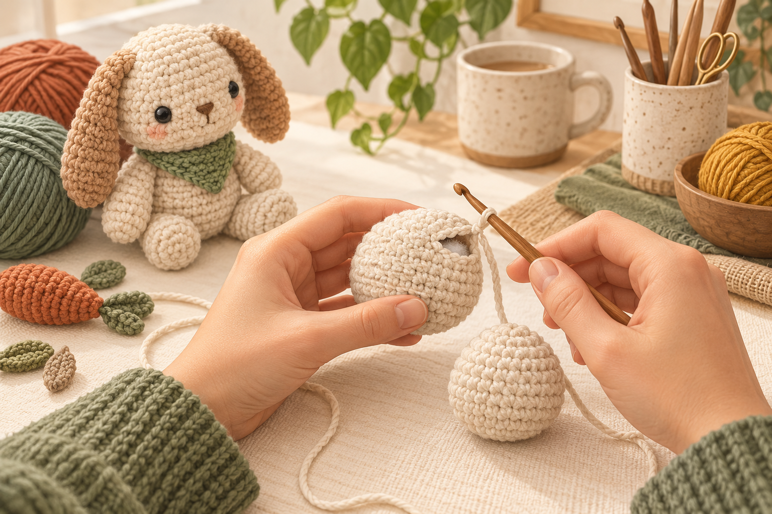 Small amigurumi with visible gaps being corrected with a crochet hook