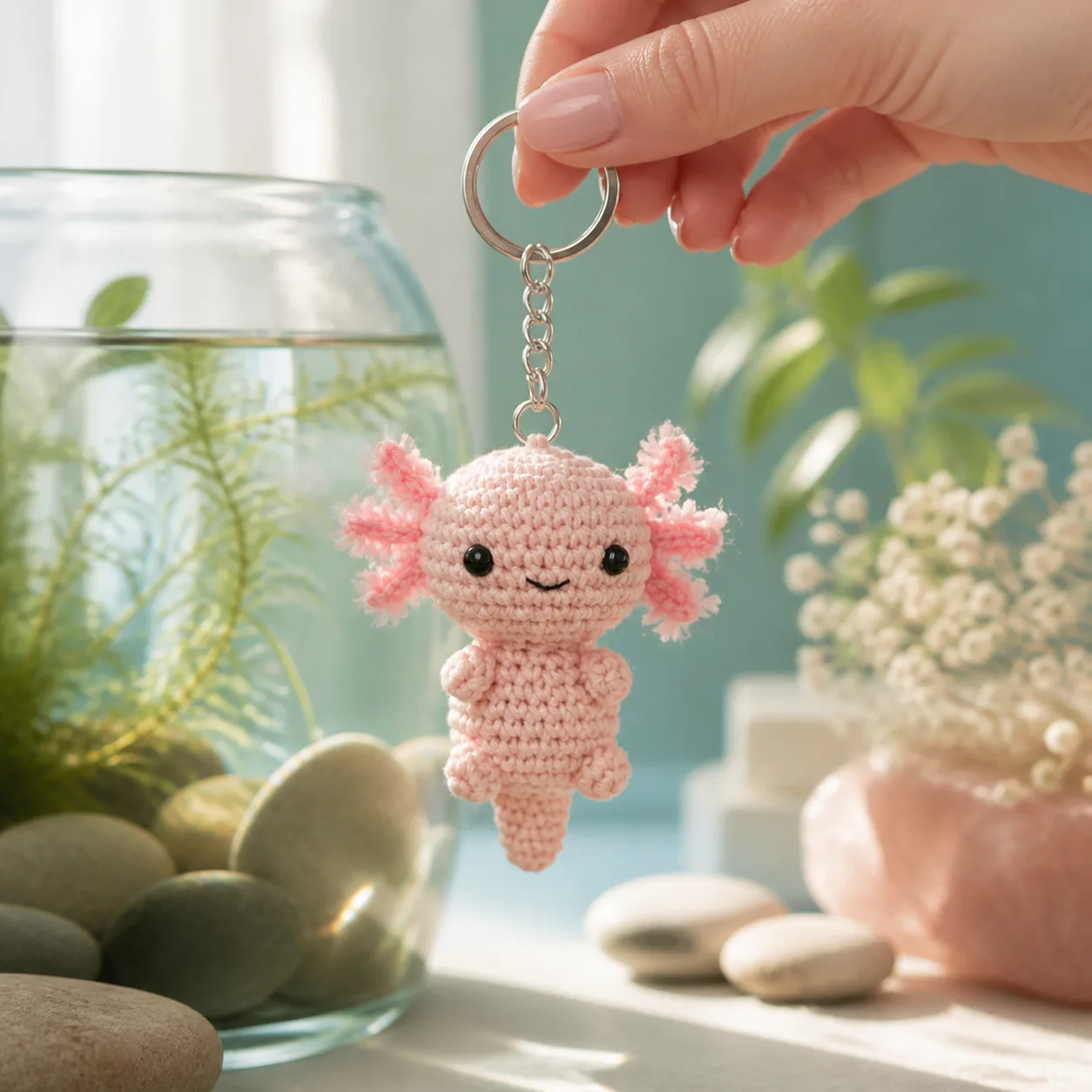 Cute Axolotl Keychain – handmade crochet finished example 1