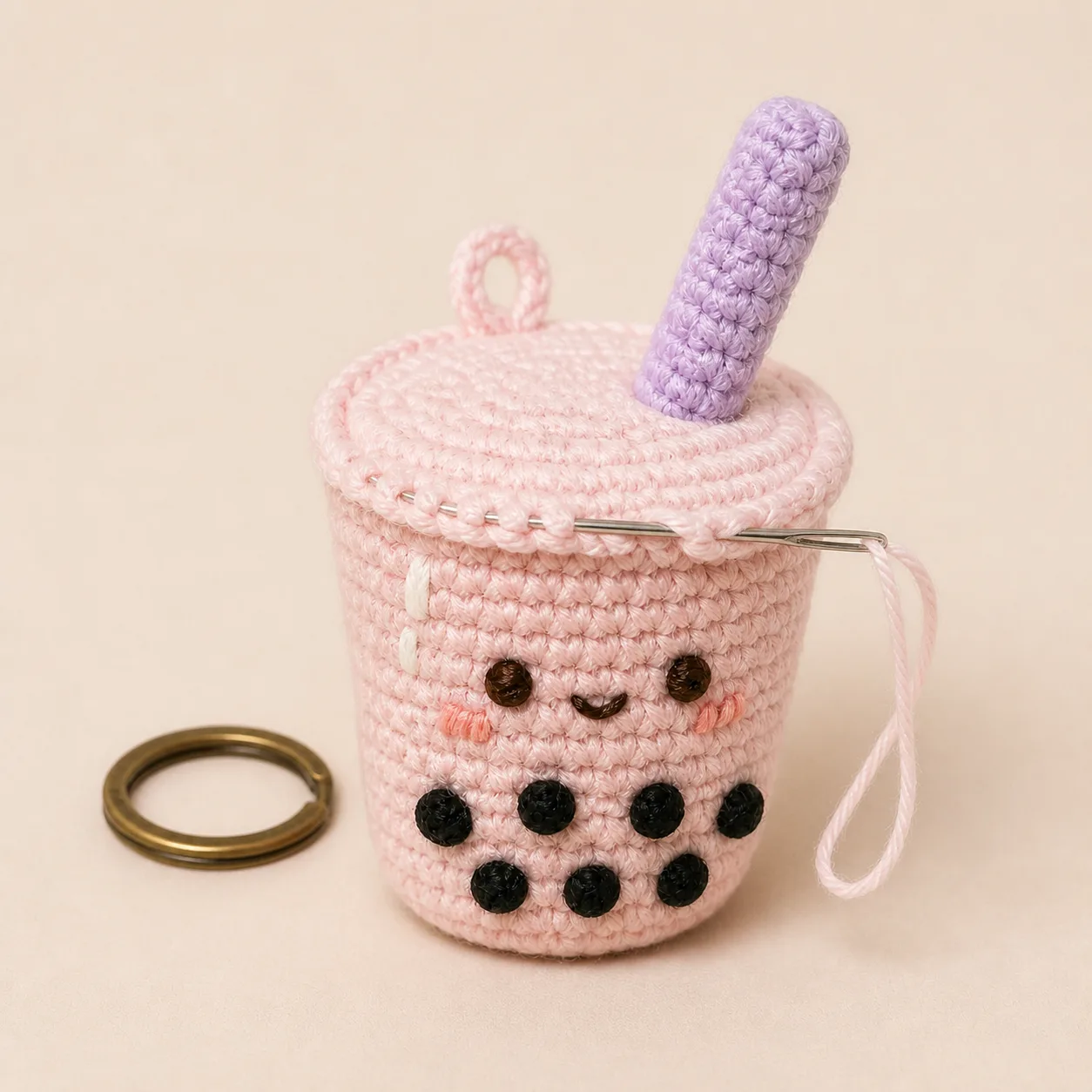 Kawaii Bubble Tea Keychain – handmade crochet finished example 1
