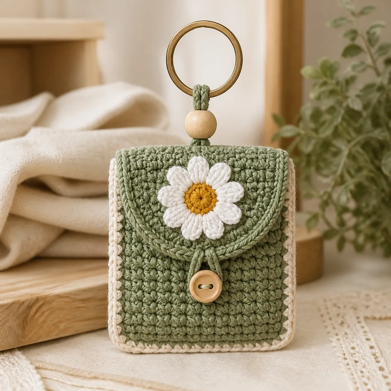 Daisy Keychain Pouch – handmade crochet finished example 1
