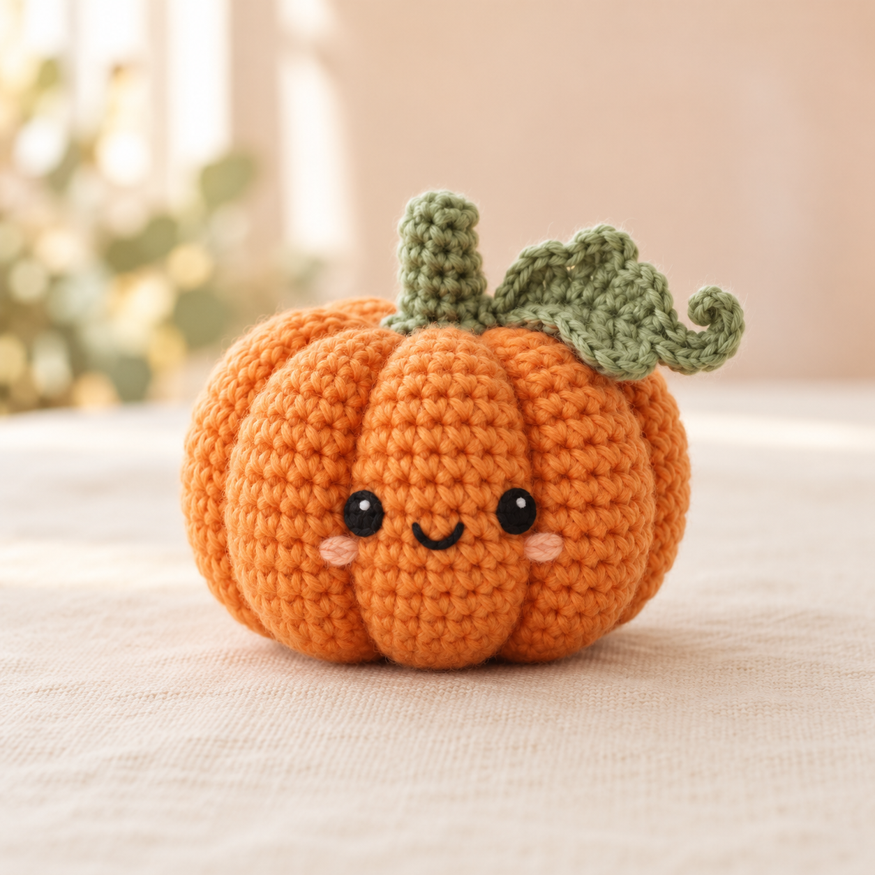 Kawaii crochet pumpkin with stem and leaf