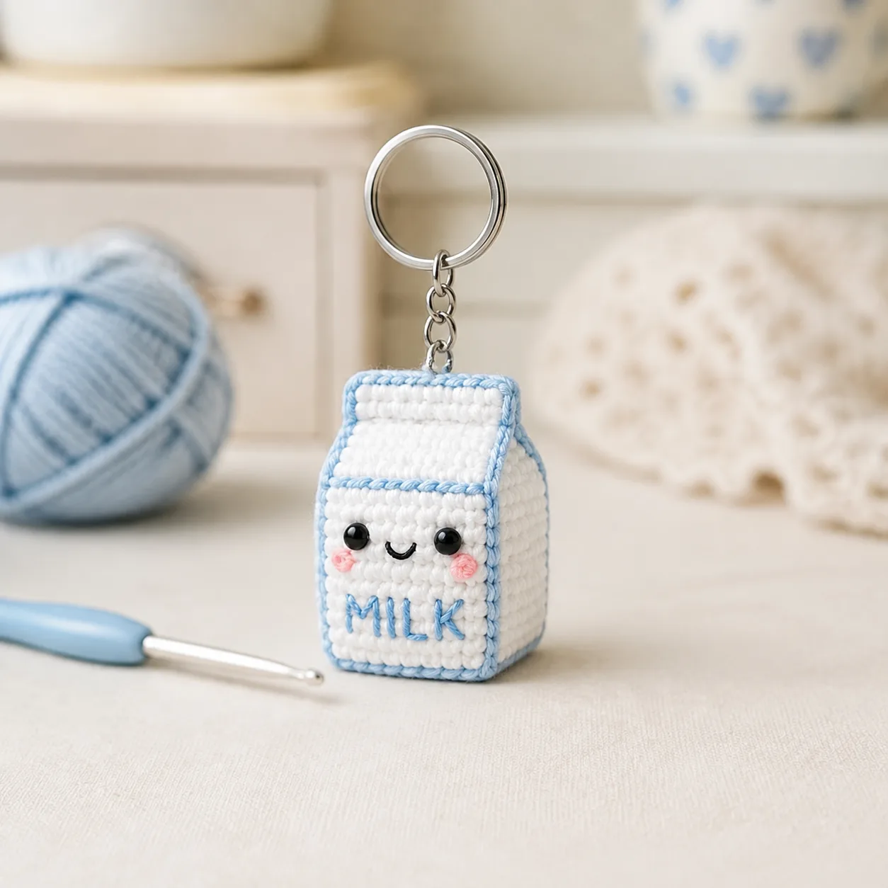 Kawaii Milk Carton Keychain – handmade crochet finished example 1