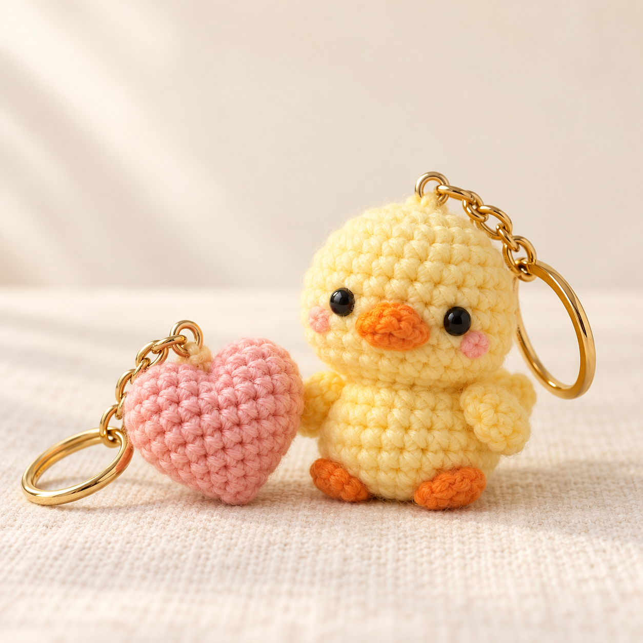 Cute yellow crochet duck with pink cheeks and plush pink heart charm with gold key rings