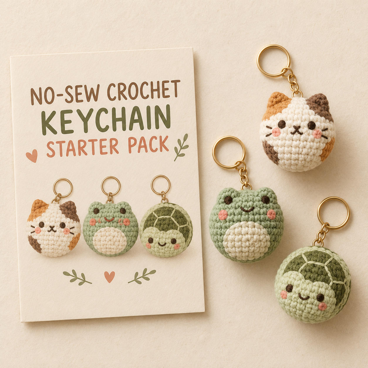 No-Sew Crochet Keychain Starter Pack cover with cat frog and turtle charms