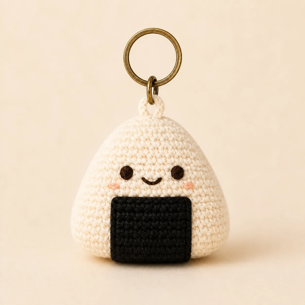 Kawaii Onigiri Keychain – handmade crochet finished example 1