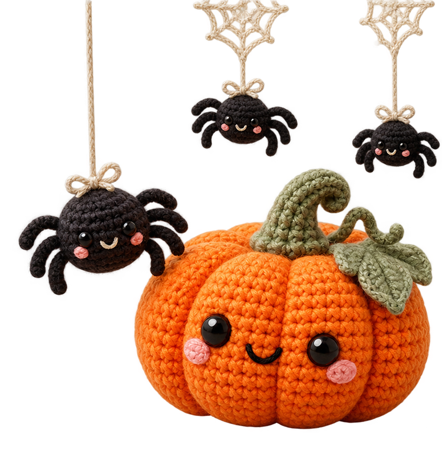 Kawaii crochet pumpkin with friendly spiders hanging on threads